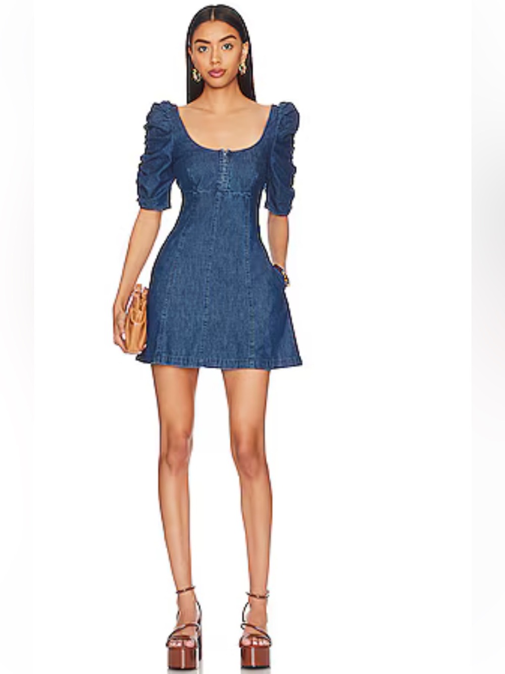 Free People Blue Denim Puff-Sleeve Mini Dress in deep indigo size XSmall